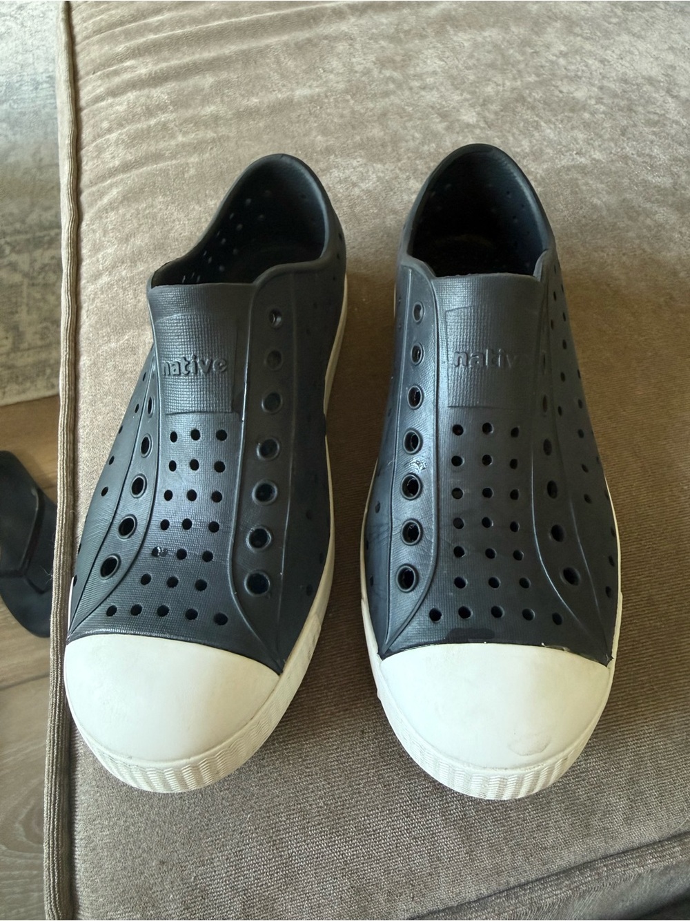 Native Black Slip-On Loafers with White Toe Caps and Soles